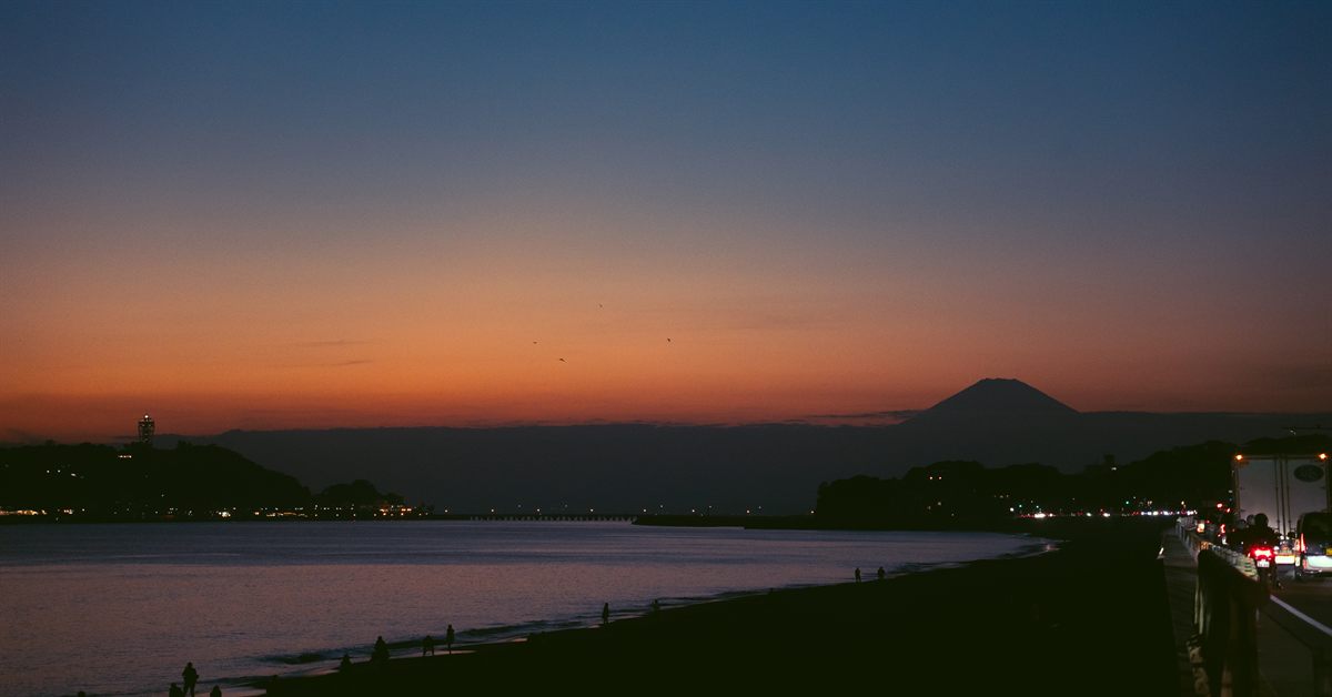 Mt. Fuji silhouette at dusk, Shonan coast